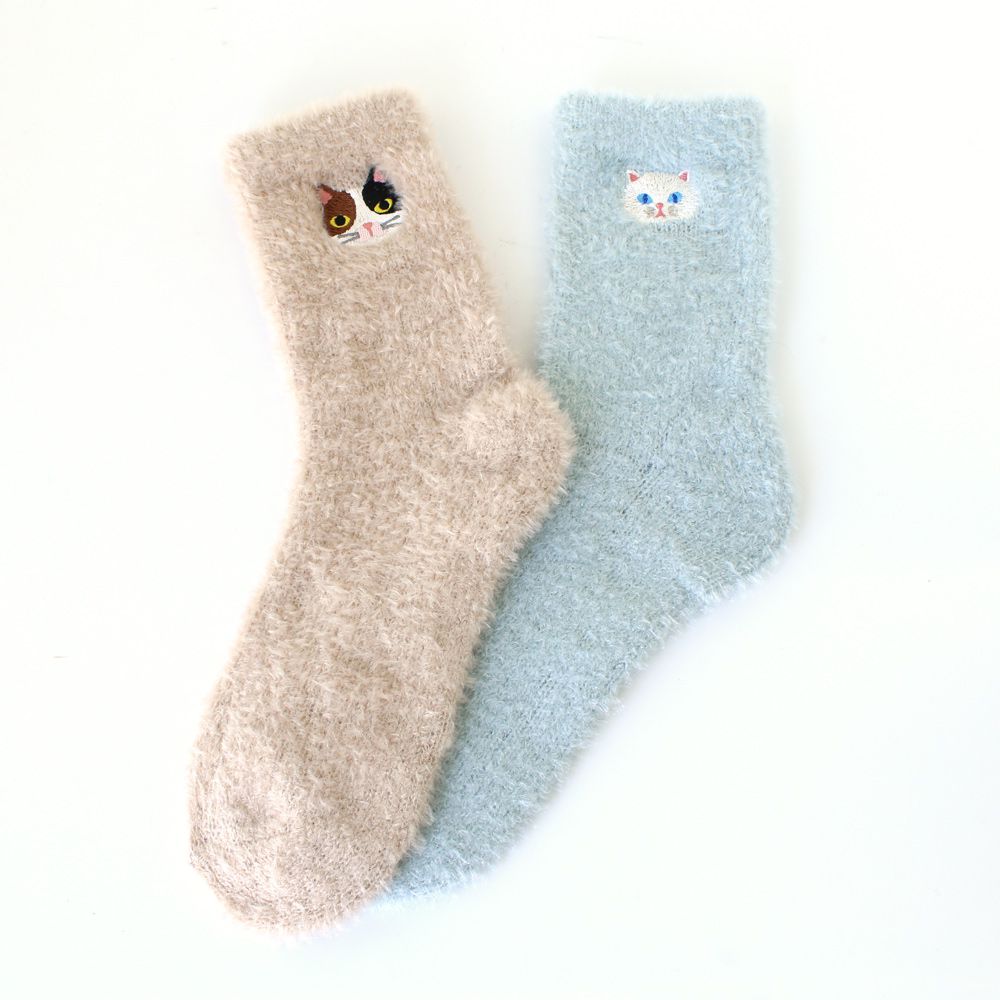 日本 TOMO - 可愛動物刺繡毛絨保暖襪-灰貓-深灰