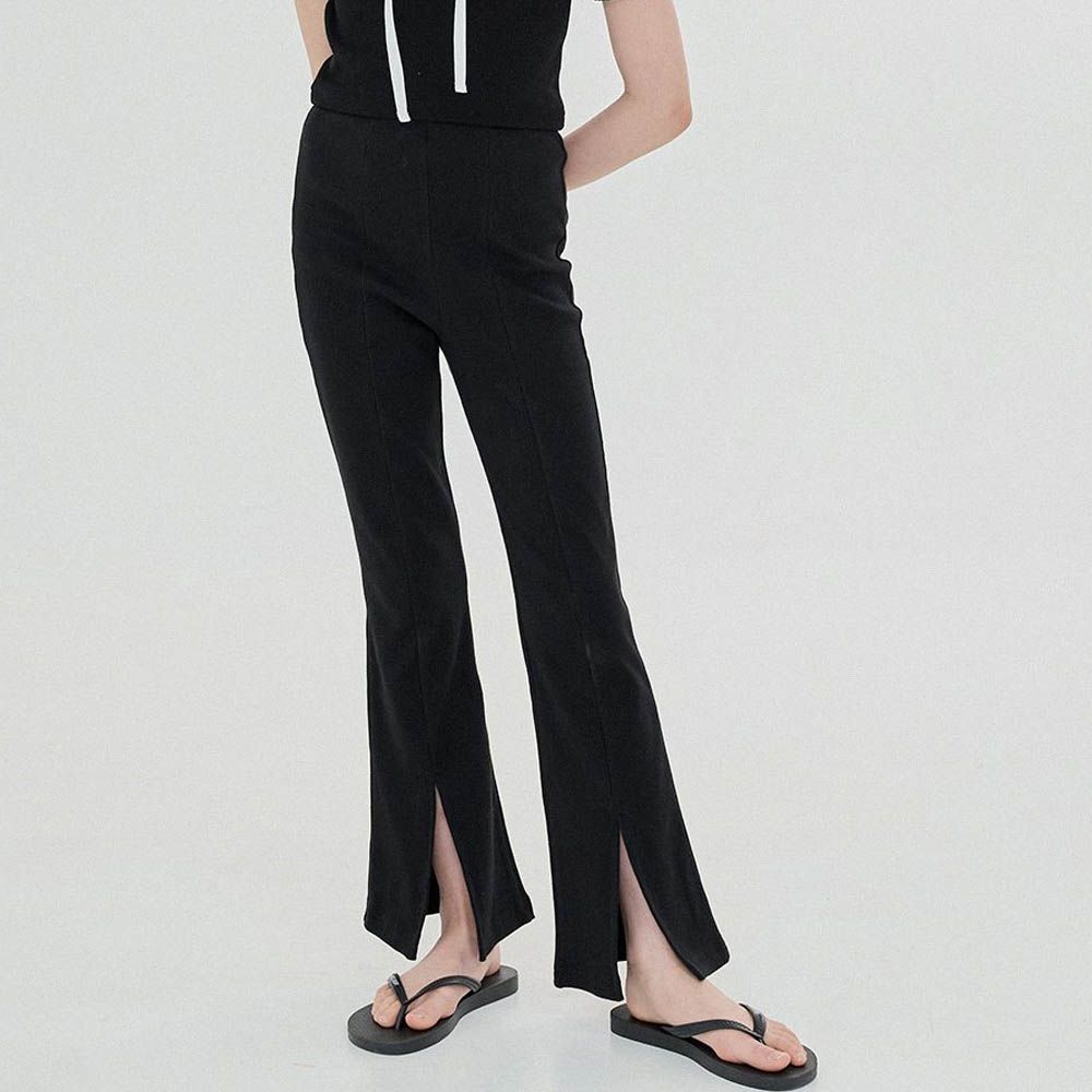 鬆緊腰羅紋開衩貼身喇叭褲-黑