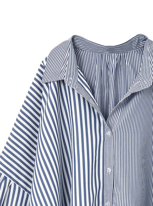 日本 GRL - 率性條紋拼接長版襯衫-海軍藍 (F)