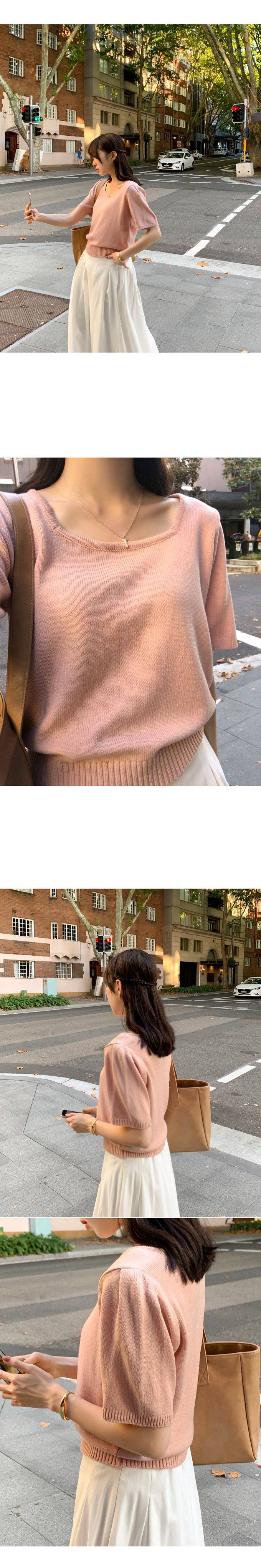 韓國 98doci - 氣質方領針織短袖上衣-淡粉