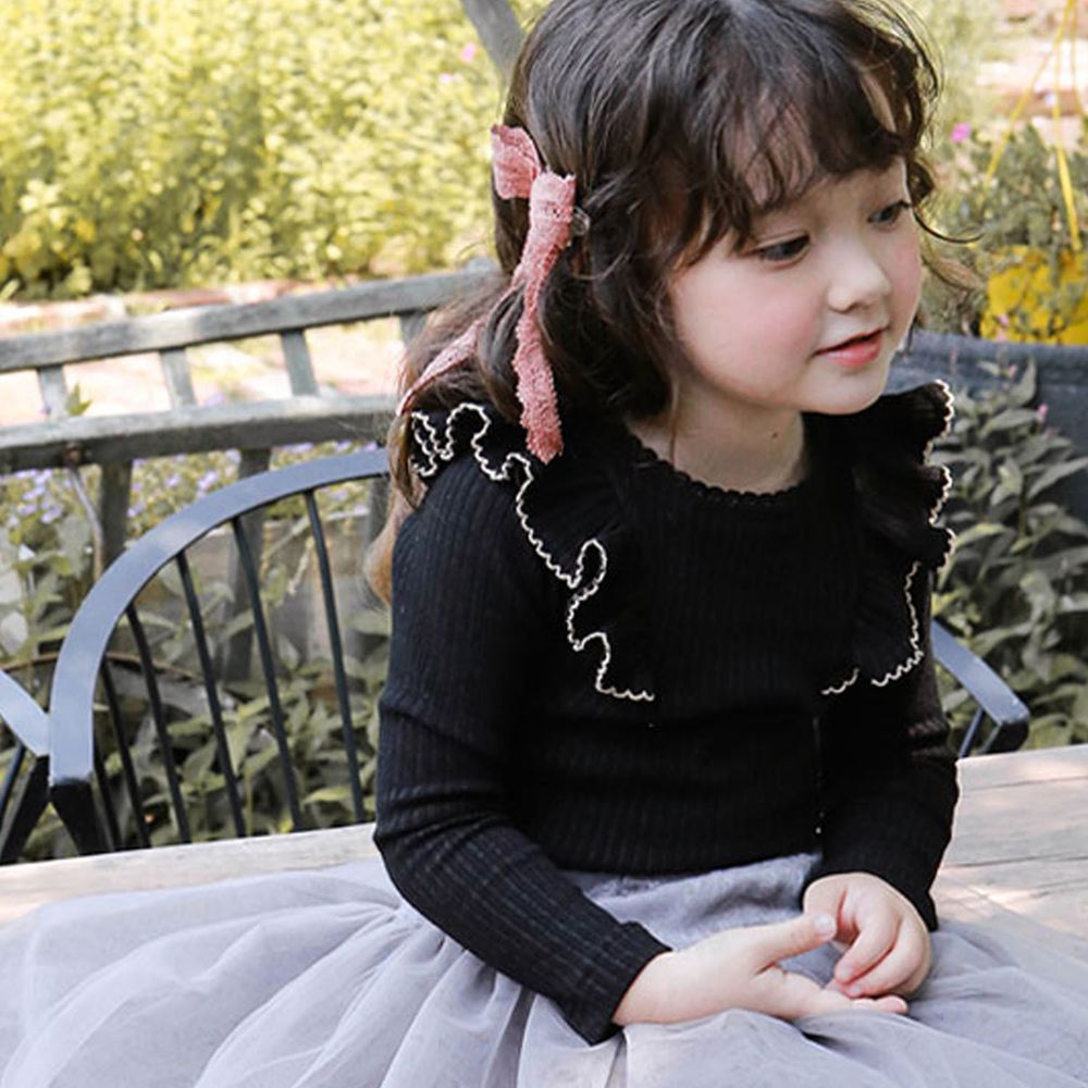 韓國 Puellaflo - 荷葉裝飾袖蕾絲滾邊領針織上衣-黑