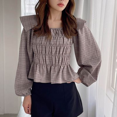 日本 GRL - 復古格紋抓皺大翻領長袖上衣-深可可