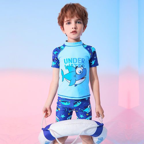 361° - 兒童卡通圖短袖泳衣套裝(二件組)-驚嚇鯊魚-藍色