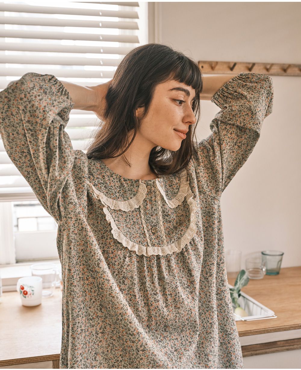 韓國 ULLALA - 浪漫碎花純棉長袖睡衣-(洋裝式)-薄荷綠 (FREE)