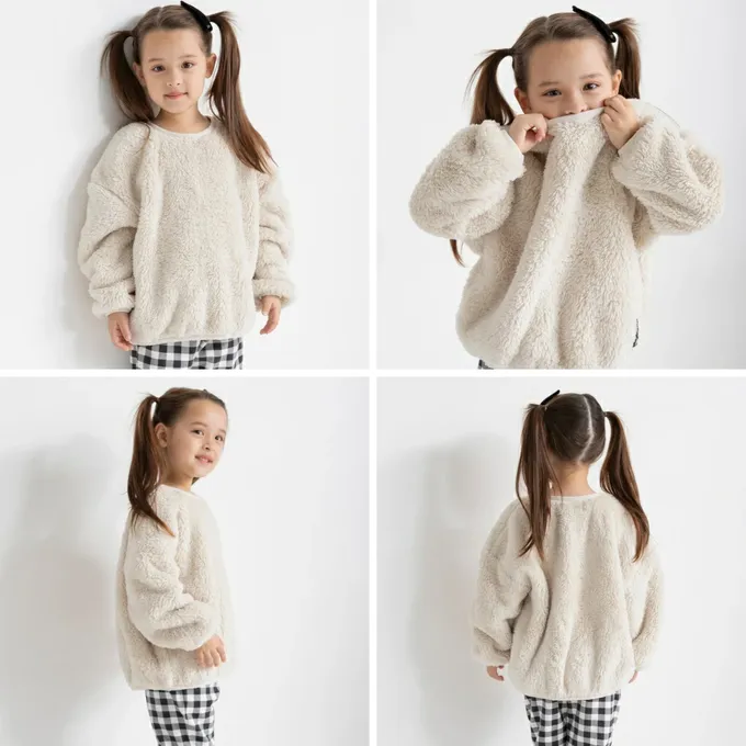 日本 BRANSHES - 泰迪熊雙面毛絨可愛長袖上衣-黑白小花