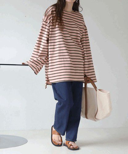 日本 Bou Jeloud - 百搭落肩長袖上衣-條紋-粉