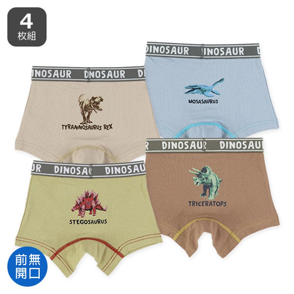 前開式男孩四角內褲(4件組)-恐龍寫真-棕綠杏藍
