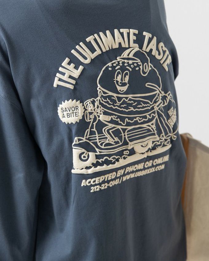 日本 gleam - 俏皮美式漢堡泡棉印花長袖T恤-煙燻藍