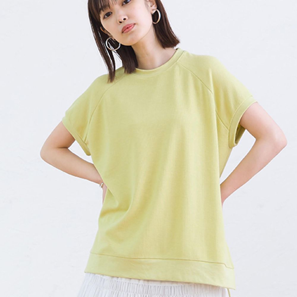 日本 OMNES - 顯瘦剪裁鬆餅紋短袖上衣-檸檬黃