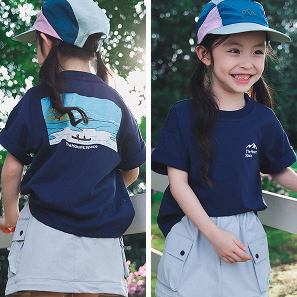 棉質圓領短袖上衣-湖畔划槳-藏青