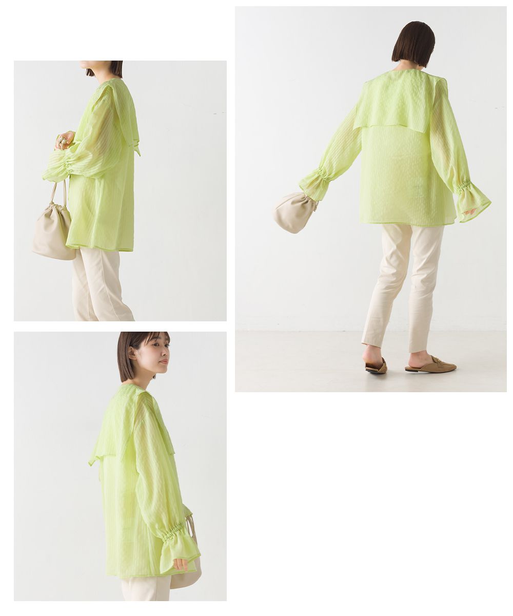 日本 OMNES - 空氣感翻領透膚糖果袖襯衫-暖陽橘