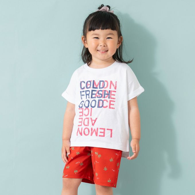 日本 petit main - 100%棉 開衩印花短袖上衣-清新橘子-薄荷綠