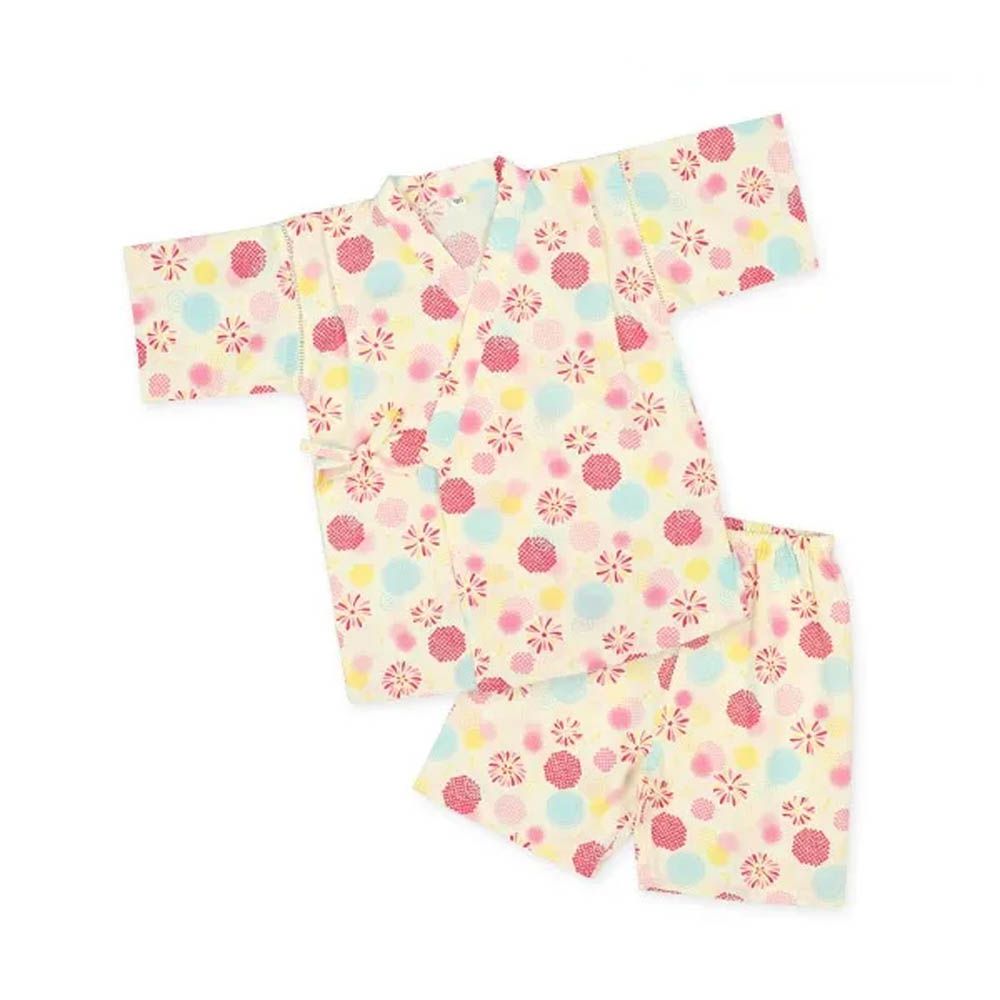 100%棉 夏季限定甚平短袖套裝-煙火-粉紅x米杏