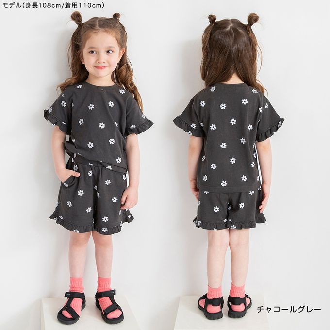 日本 BRANSHES - 純棉荷葉袖女孩印花短袖上衣-貓咪-粉紅