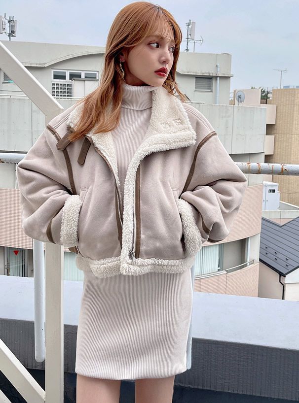 日本 GRL - 羊羔絨翻領短版騎士夾克/外套-粉紫 (F)