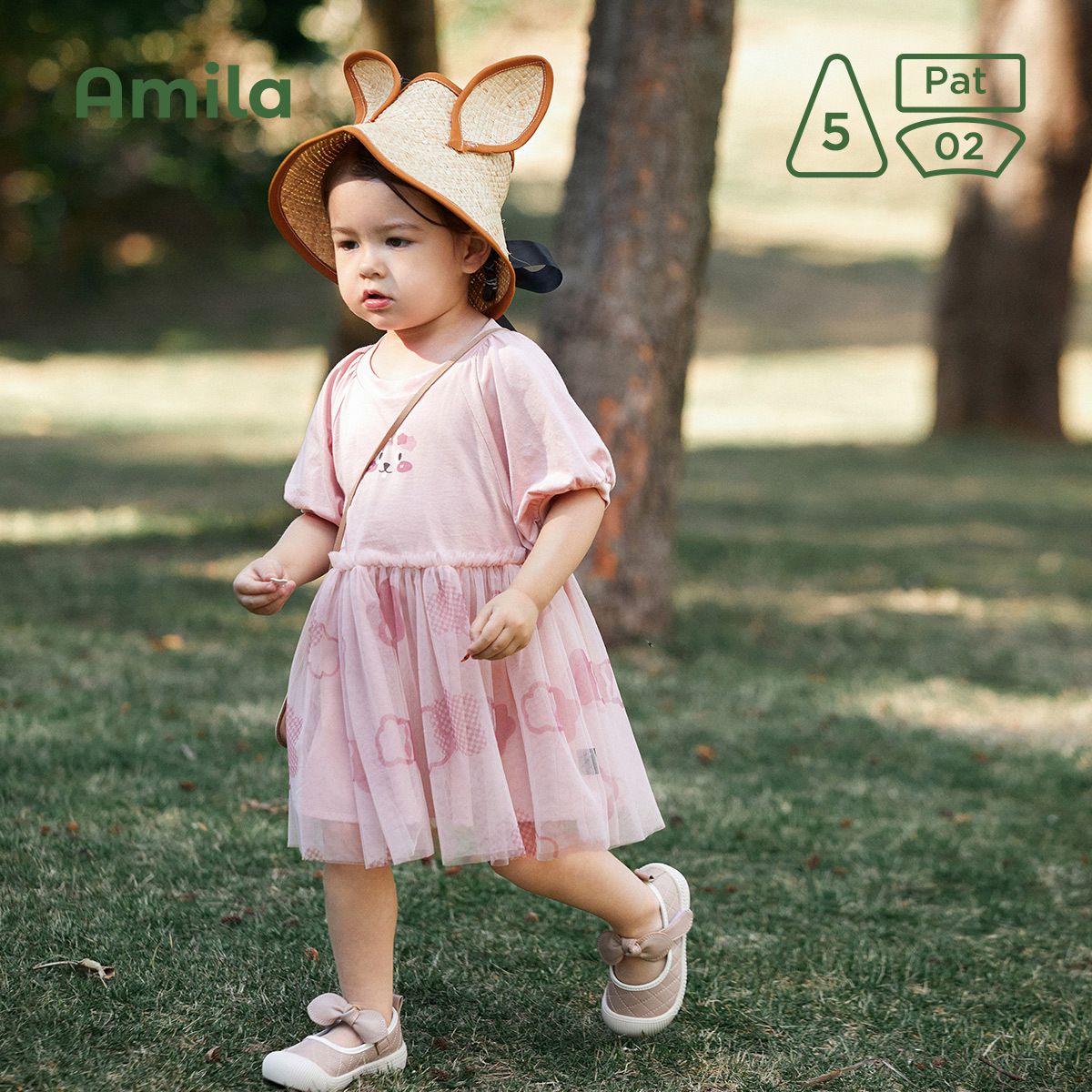 網紗公主袖連身洋裝-微笑小圖-粉色