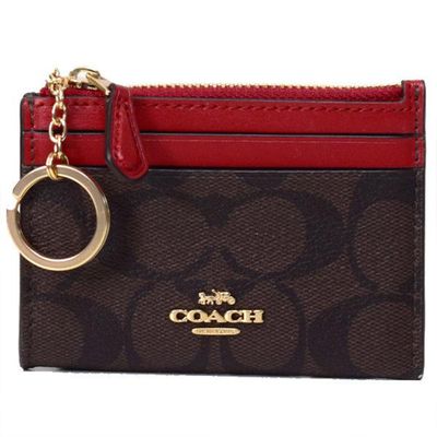TORY BURCH - 滿版LOGO拼接皮革卡片零錢包 (咖紅)