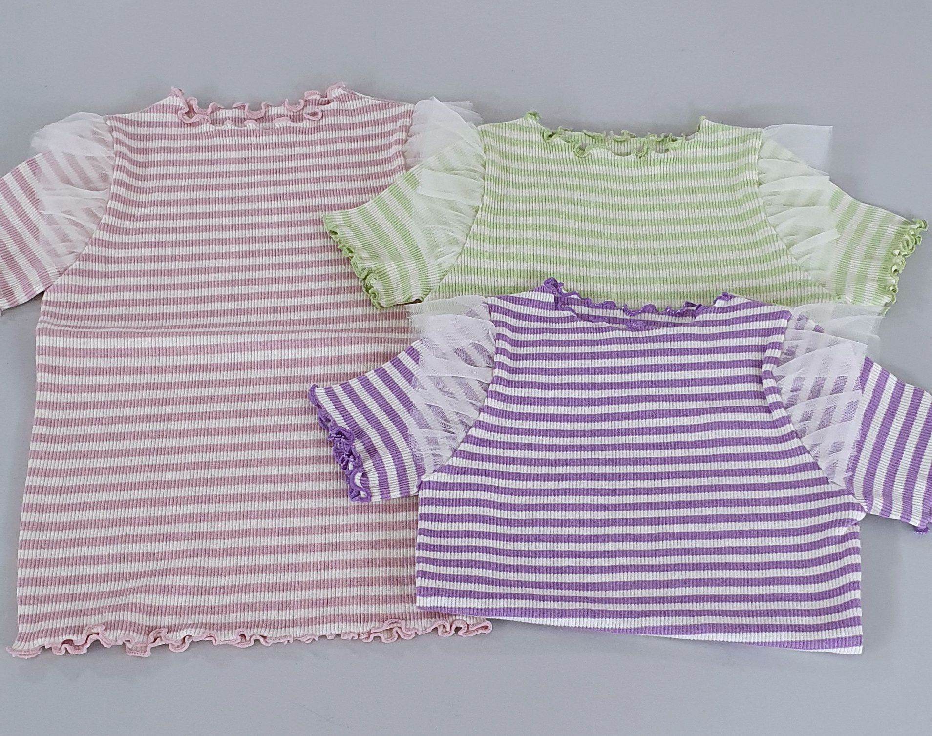 韓國 ERU - 網紗裝飾袖條紋T-紫