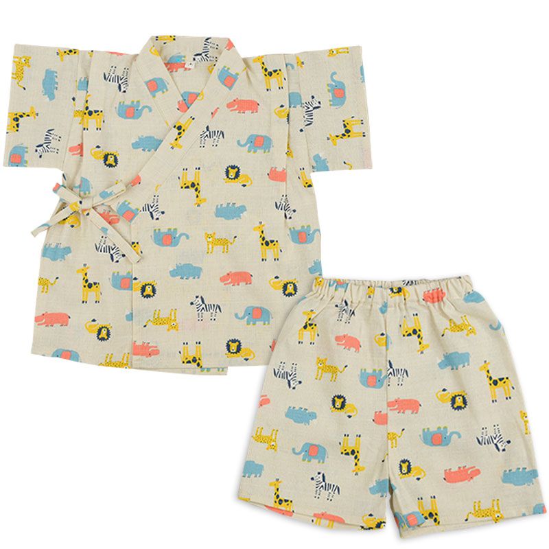 akachan honpo - 兩件式甚平-動物-淺卡其色