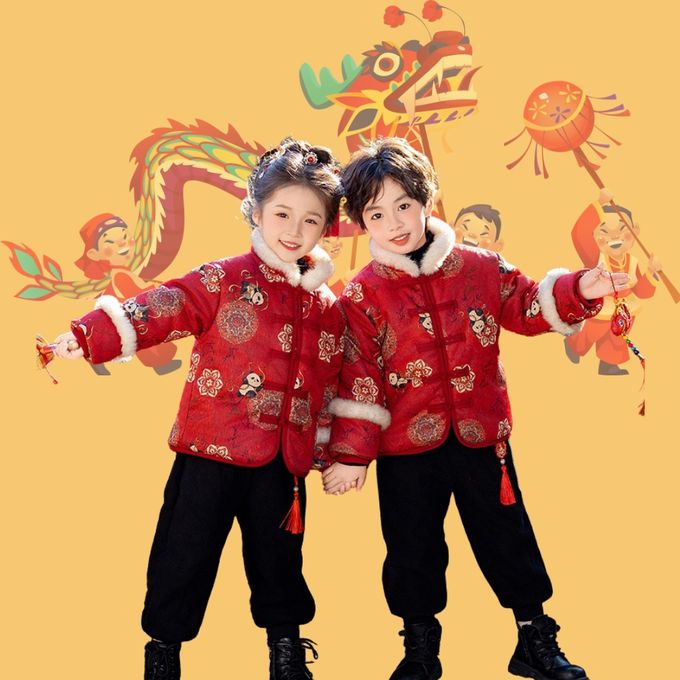 love, charlotte - 新年拜年熊貓提花鋪棉盤扣外套 - 新年紅