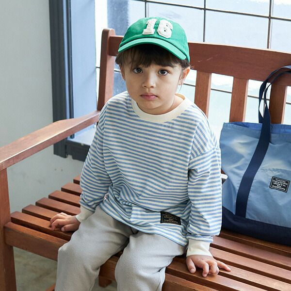 日本 b-ROOM - 100%棉 下擺品牌標籤條紋長袖上衣-黑