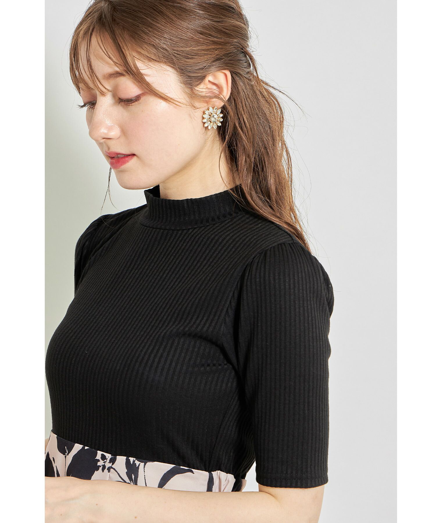 日本 tocco-closet - 修身羅紋拼接洋裝-鬱金香-黑x杏