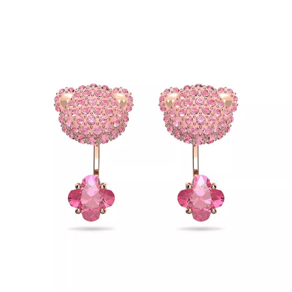 幸運四葉草泰迪熊鑲鑽耳環 (粉紅)