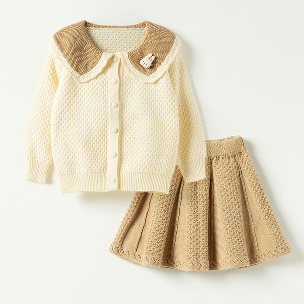 玩偶裝飾針織外套X百褶傘裙套裝-米X卡其