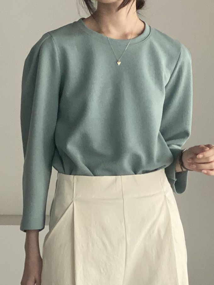 韓國女裝連線 - 設計感抓褶拼接八分袖上衣-藍綠 (FREE)