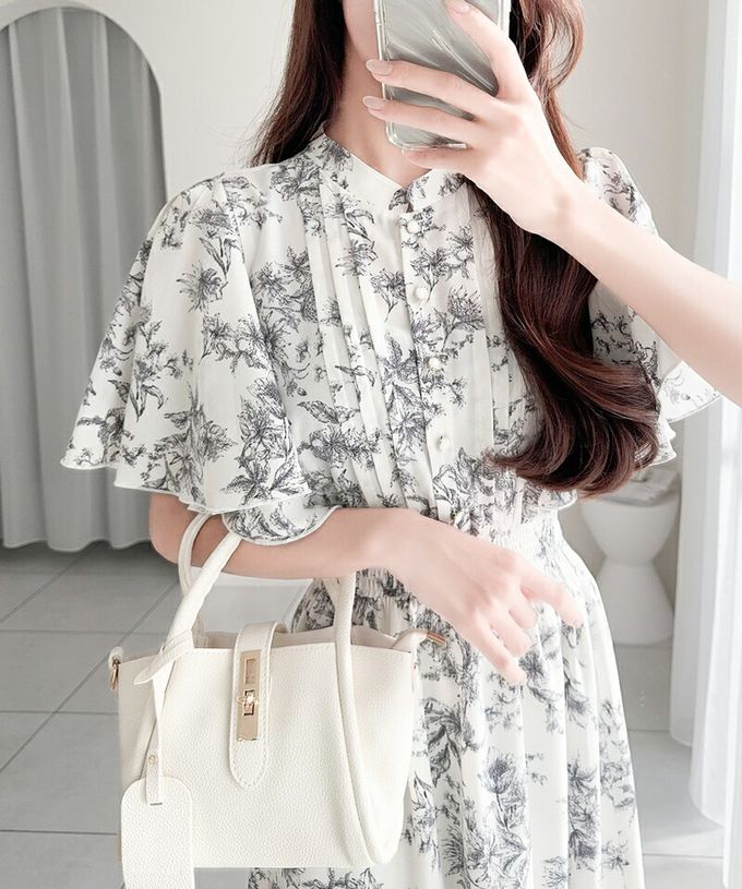 日本 Classical Elf - 優雅質感荷葉袖碎花洋裝-星塵粉