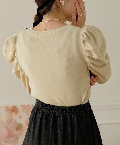 日本 Bou Jeloud - 高雅羊腿袖針織上衣-淺卡其