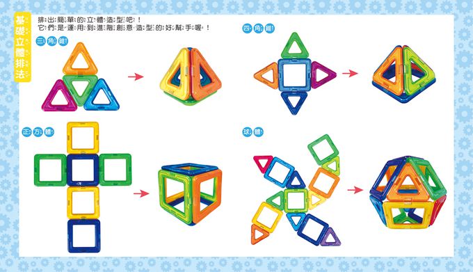 双美生活文創 - 5Q益智磁力片：酷炫百變車隊-內含12個三角形磁力片+18個正方形磁力片+2個長方形+4個等腰三角形+2個菱形+2個五角形+4組車輪+1本造型教學書