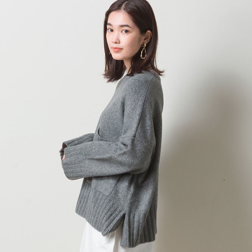 日本 OMNES - 羊毛混紡 大口袋設計慵懶超長袖針織毛衣-灰 (F)
