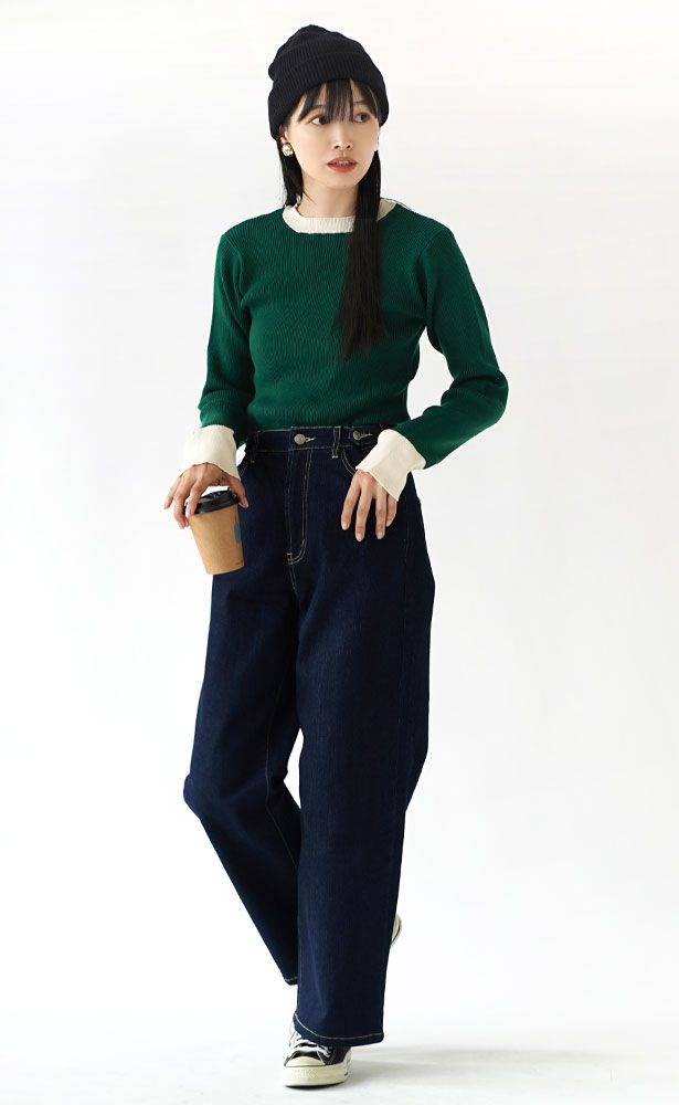 日本 zootie - 棉混彈性圓領羅紋針織上衣-濃綠x象牙