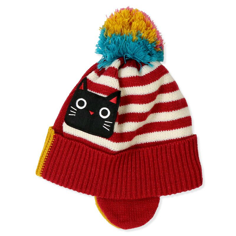 日本 ZOOLAND - 防寒刷毛保暖針織毛帽-小貓條紋撞色-粉x橘 (頭圍(50-54cm))