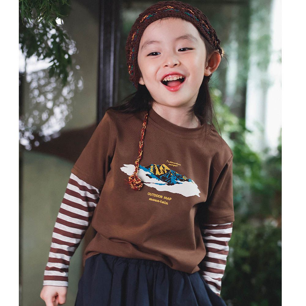 棉質圓領假兩件長袖上衣-條紋拼袖-咖色