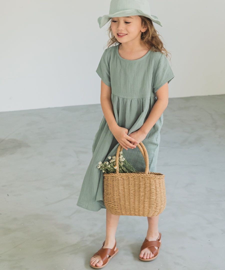 日本 PAIRMANON - 純棉微皺感短袖素色洋裝(孩子)-紅