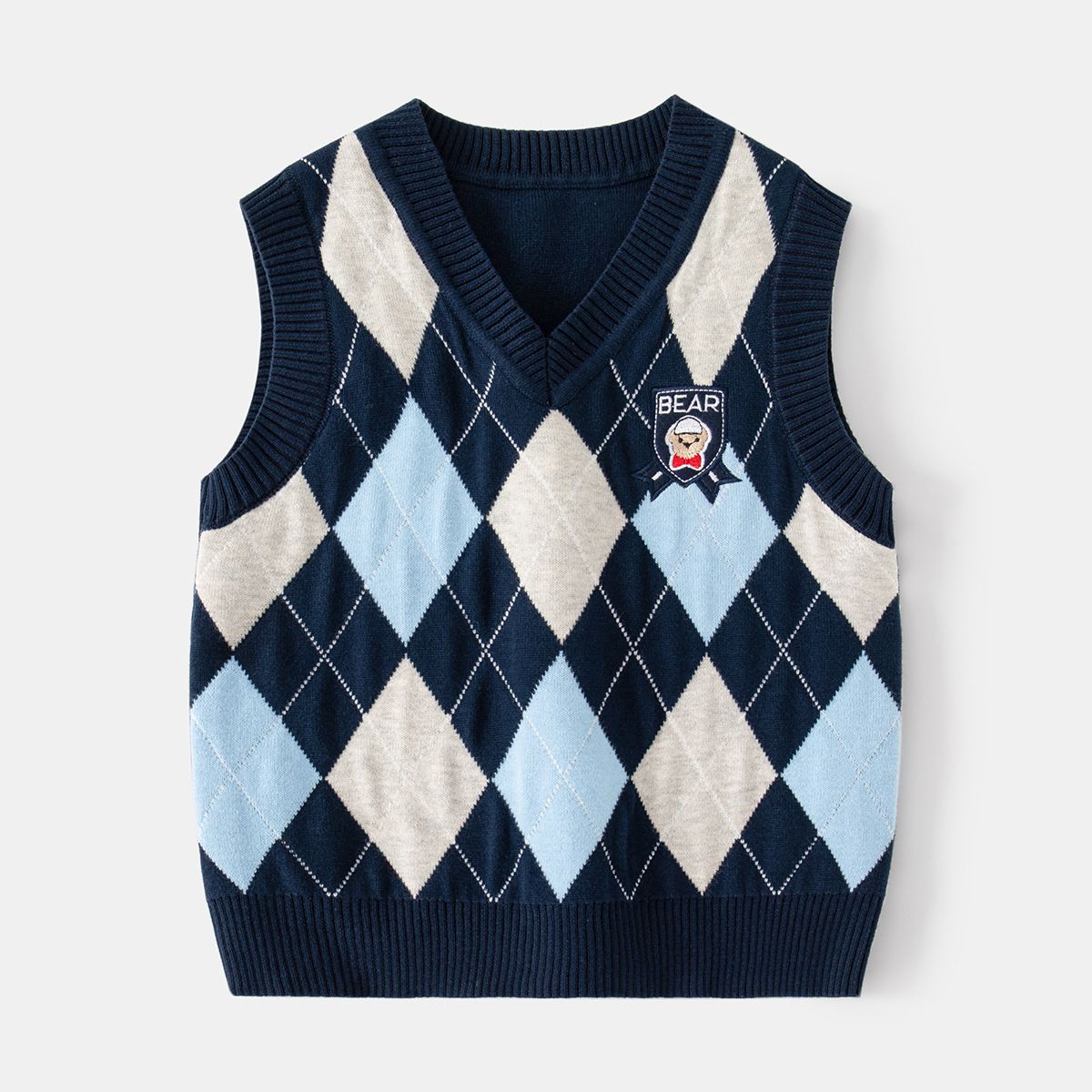 WELLKIDS - 學院風V領針織背心-熊熊-杏色