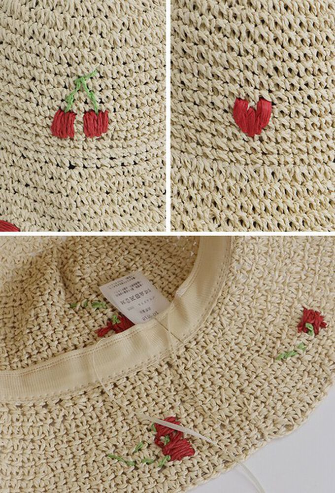 日本 BLUE EAST - 可愛刺繡編織遮陽漁夫帽-淺卡其