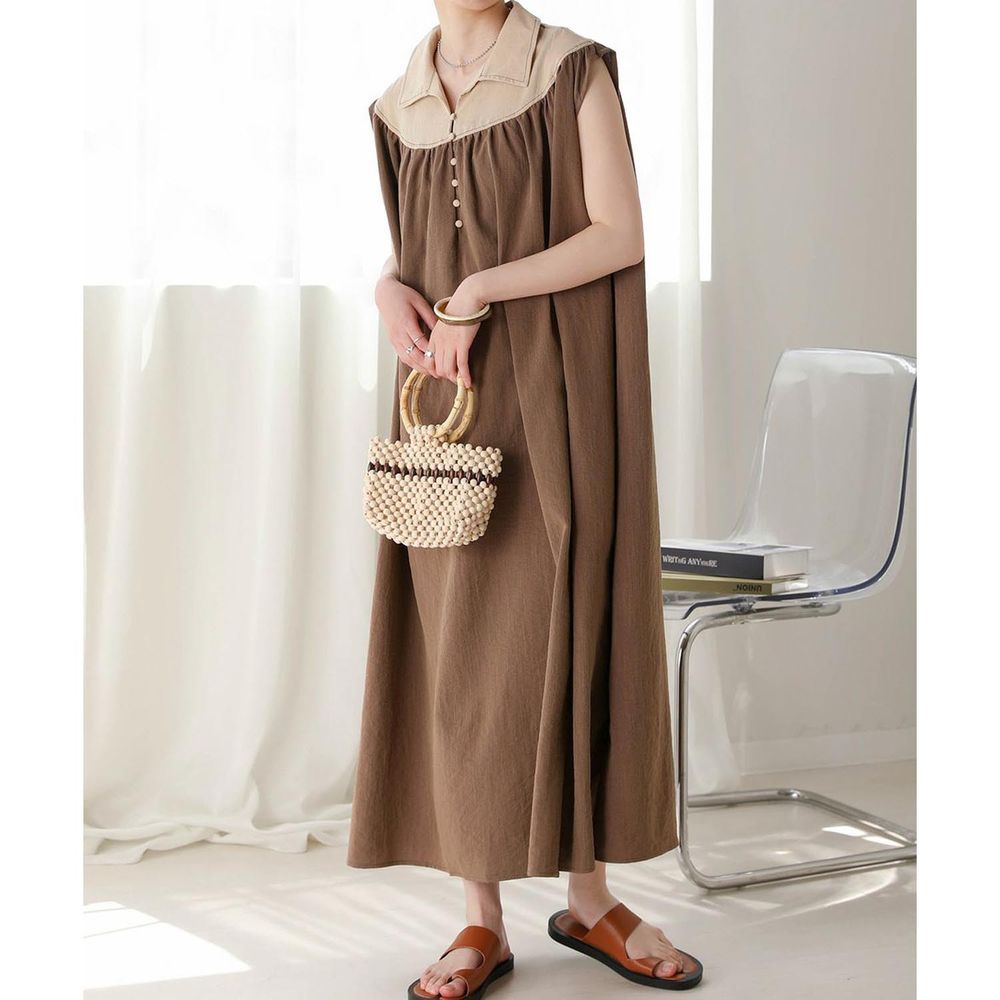 日本 Bou Jeloud - 翻領撞色設計款無袖洋裝-米x褐