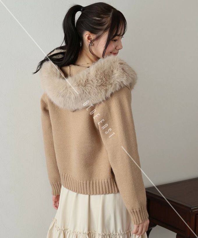 日本 BLUE EAST - 澎澎可愛毛絨帽雙拉鍊針織外套-黑