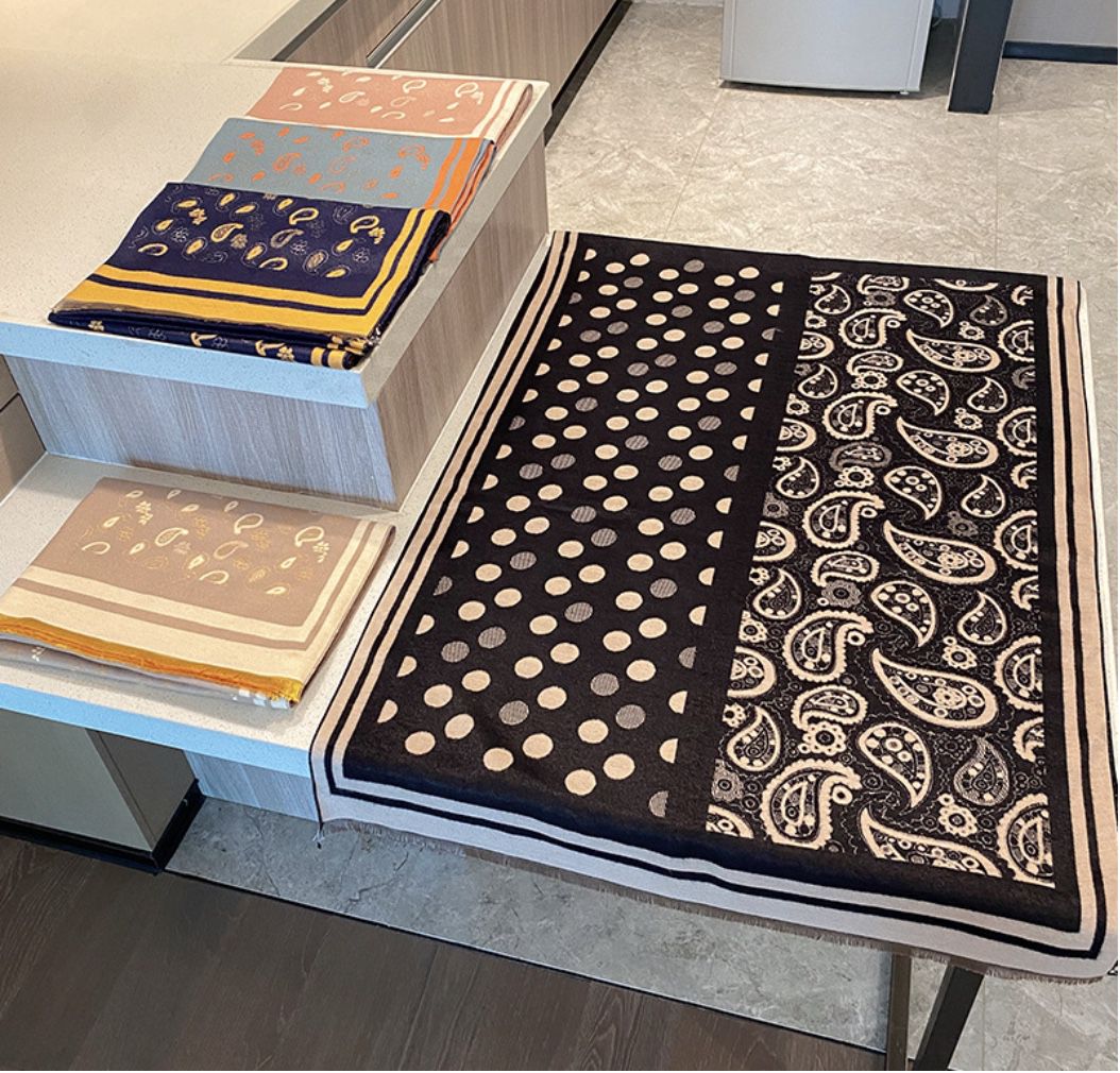 雙面提花波點腰果花圍巾披肩-駝米-成人圍巾披肩-駝米-180 x 65 cm