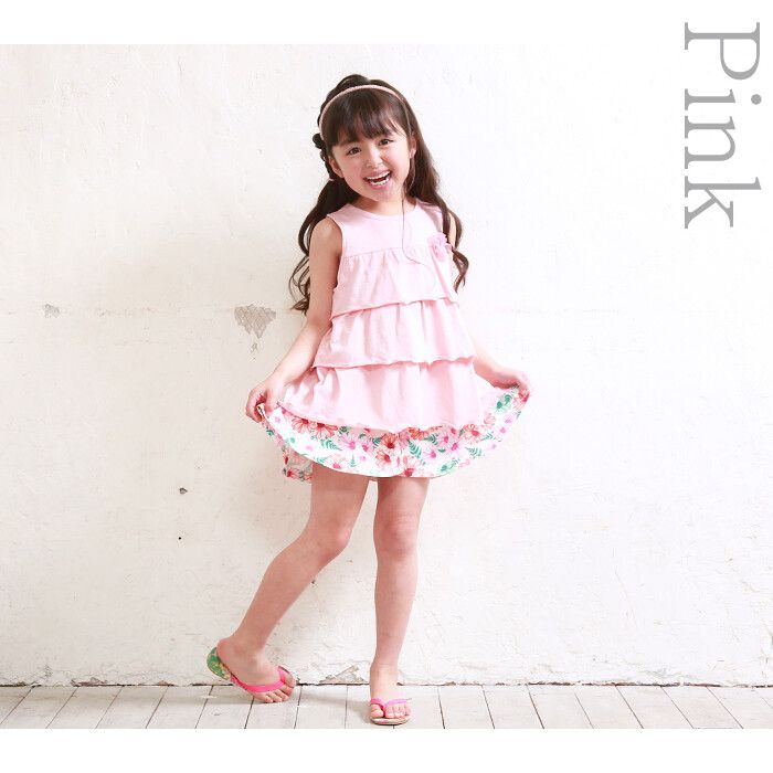 日本 TORIDORY - 小胸花三段式蛋糕無袖上衣-粉紅