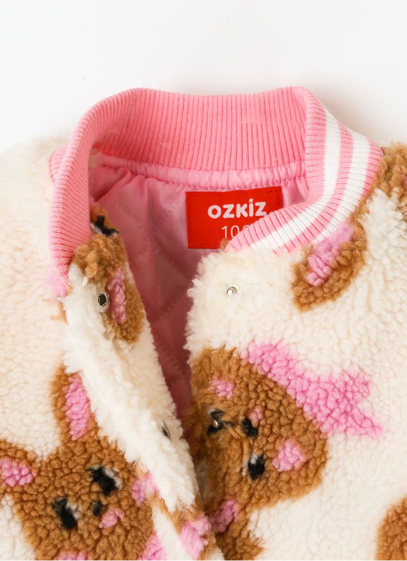 韓國 OZKIZ - 保暖毛絨絎縫內裡棒球外套-咖啡兔