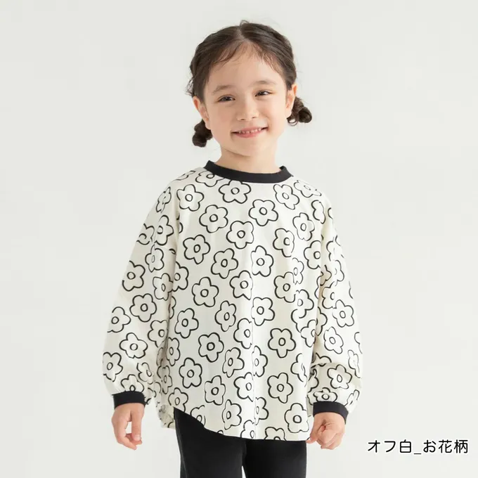 日本 BRANSHES - 圓弧下擺舒適縮口長袖上衣-線條花朵-米白