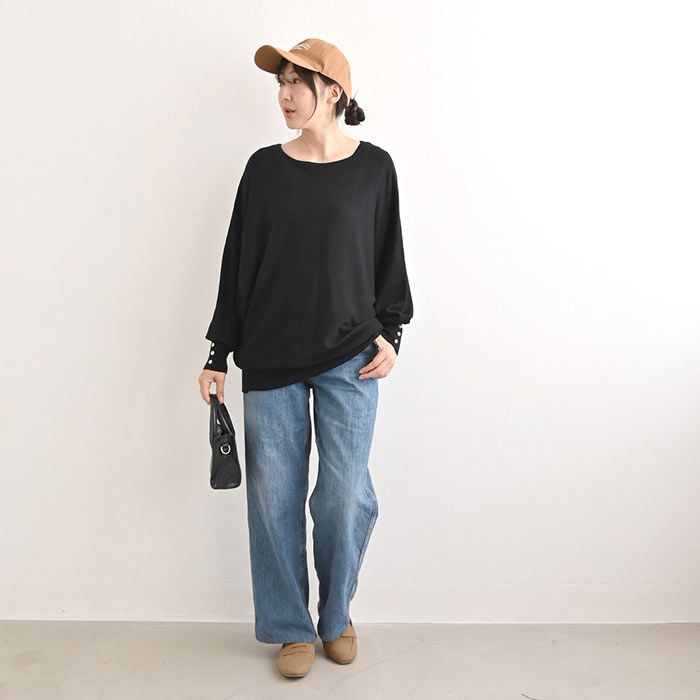 日本 ihuu - 袖釦寬鬆大圓領舒適針織上衣-灰藍