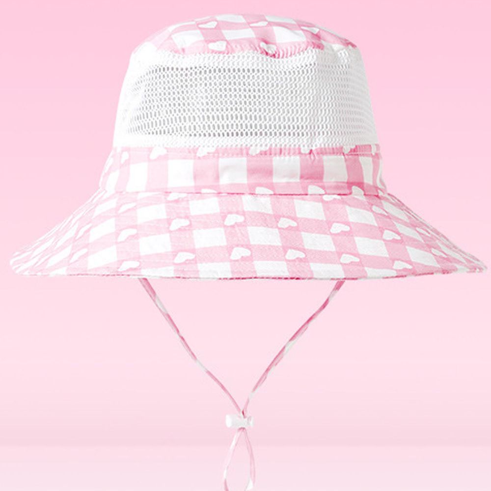 可調節兒童大帽簷防曬遮陽帽-愛心格紋-粉+白