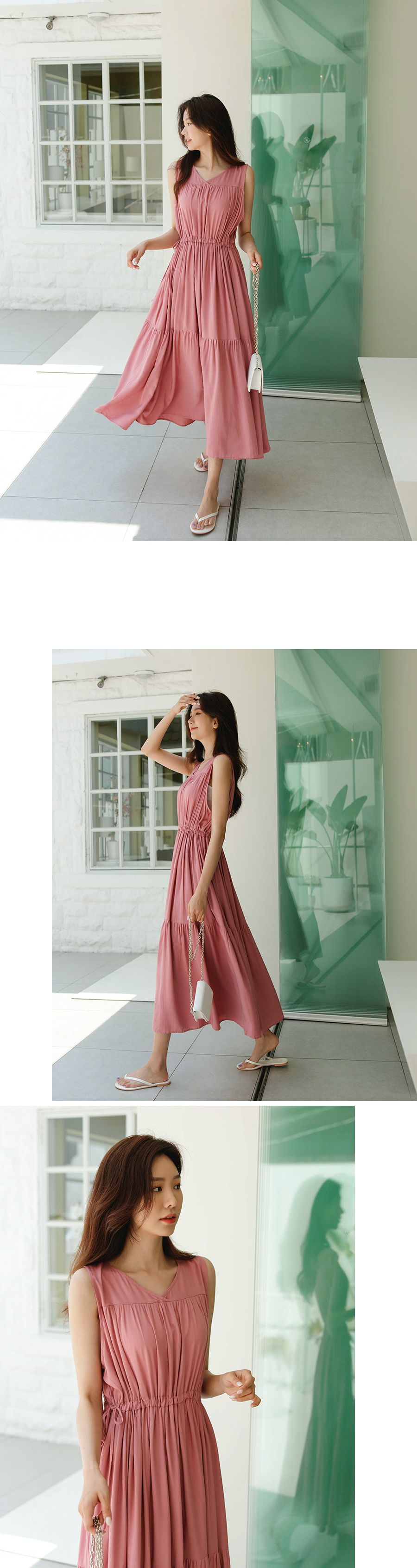 韓國 Urbantheroom - 腰間抓皺綁帶無袖長洋裝-卡其綠 (Free)