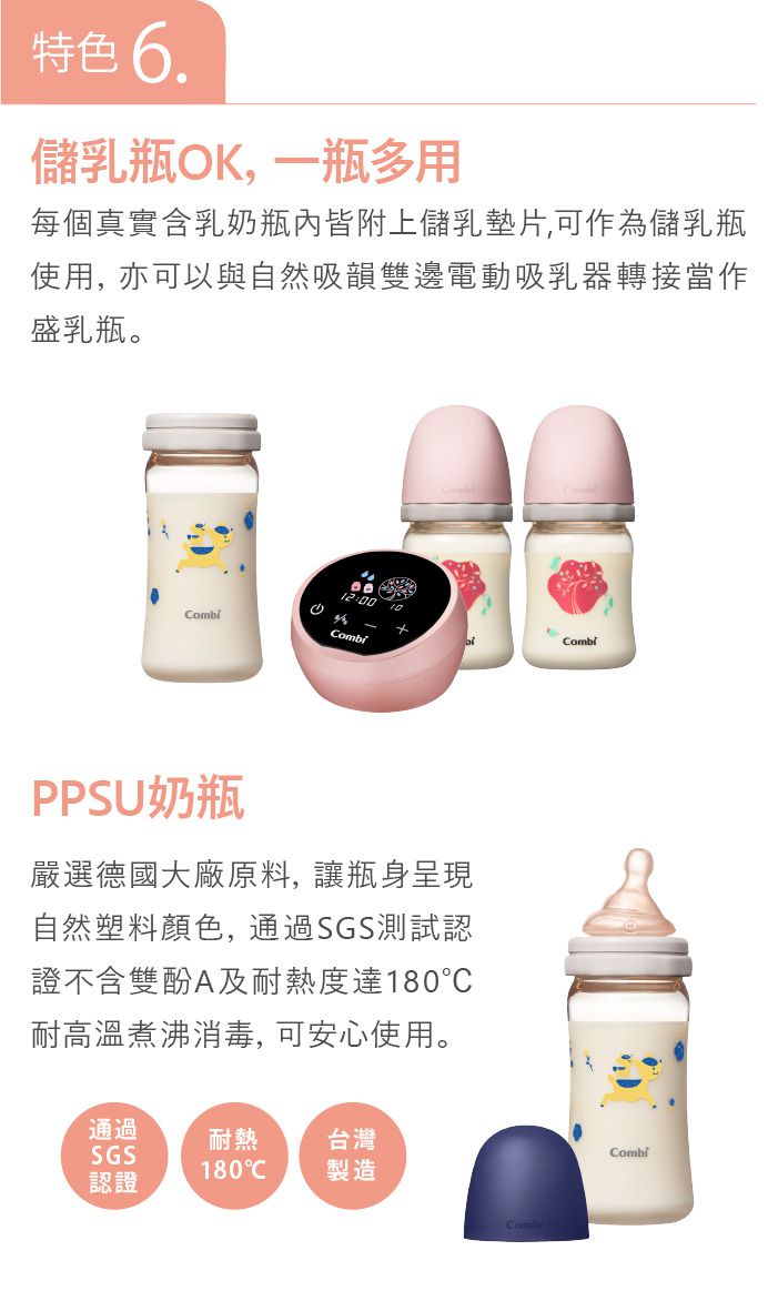 日本 Combi - 真實含乳寬口奶瓶-PPSU-藍 ((2-3m+))-240ml