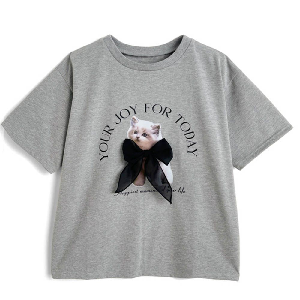 薄紗蝴蝶結貓咪印花短袖上衣-灰 (F)